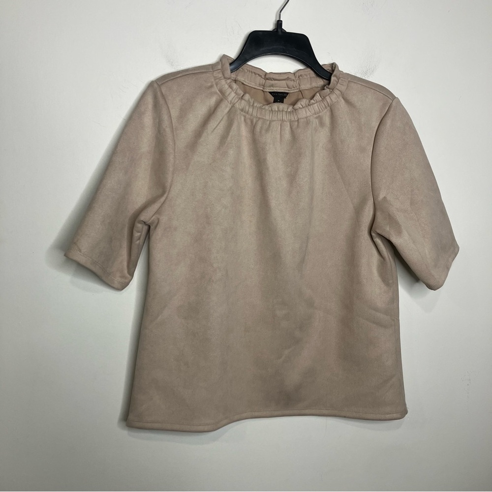 Ann Taylor faux suede top tan women’s size medium business professional neutral